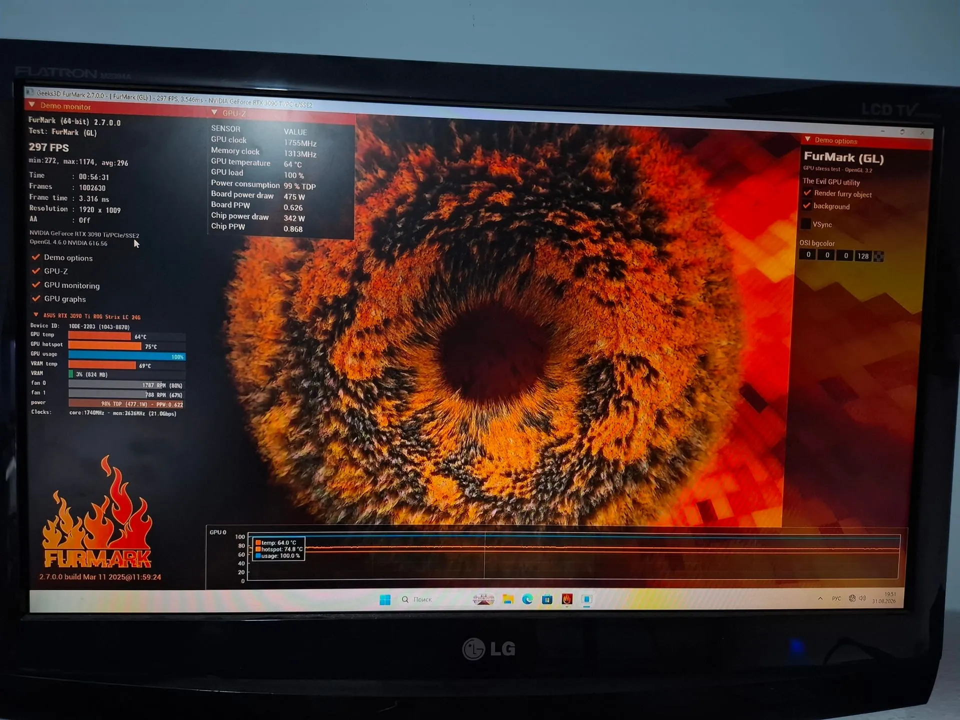 FurMark стресс-тест ASUS RTX 3090 Ti — 475 Вт, GPU 64°C Hotspot 74.8°C