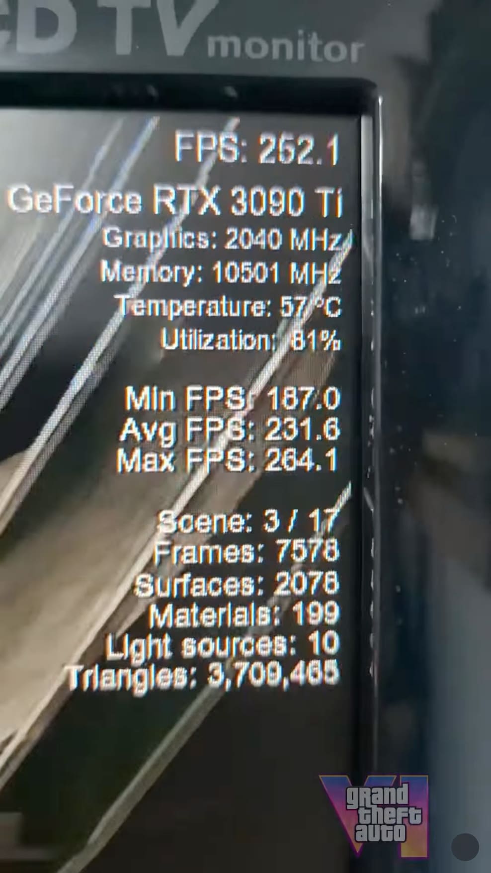 Бенчмарк — GeForce RTX 3090 Ti, 252 FPS, 2040/10501 МГц, 57°C